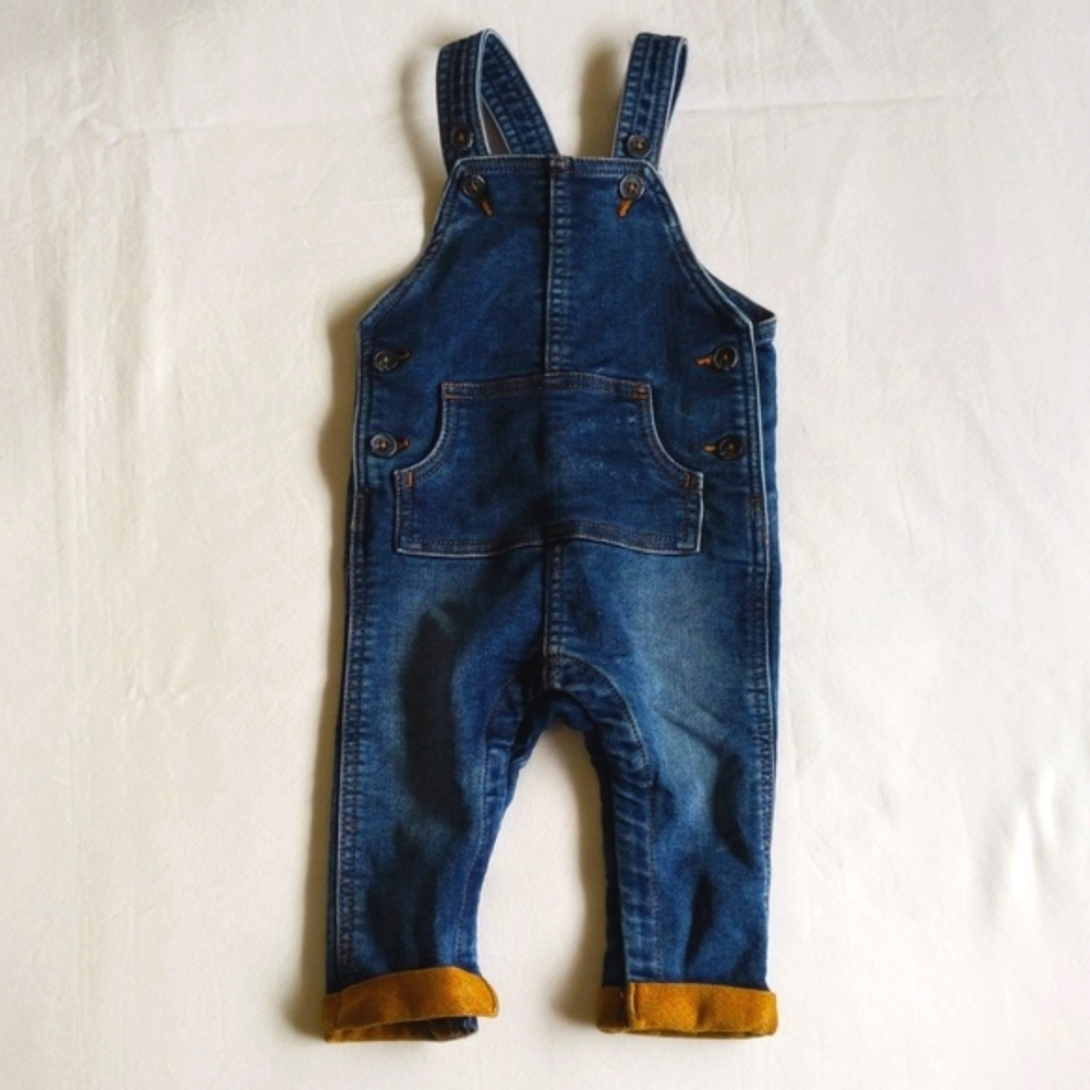 joe fresh stretch knit denim jeans overalls with rolled cuffs 6-12 months baby